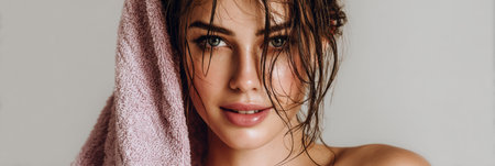 Wet hair drapes gently as a woman relaxes with a towel on her shoulders in a calm indoor space, surrounded by soft pastel tones during daylight hours.の素材