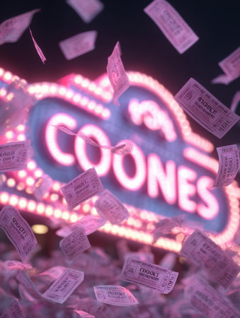 Colorful paper bills float through the air at a vibrant carnival, with a glowing sign illuminating the festive atmosphere and excitement all around.の素材