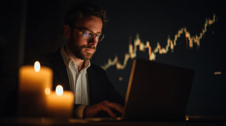 Business professional focuses on financial trends displayed on laptop screen, illuminated by candlelight amidst a dark environment, late at night.の素材