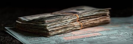 Currency notes are neatly bound with an elastic band, resting on top of important financial documents that highlight the theme of money management.の素材