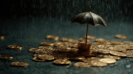 Scattered coins create a unique arrangement on a dark surface, while a miniature umbrella provides a contrast against a backdrop of simulated rain.の素材