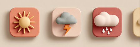 Vibrant weather icons illustrate various conditions like sunshine, thunderstorms, and rain on a textured background, suitable for digital media and apps.の素材