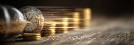 Coins stack alongside a spinning hourglass filled with sand, highlighting the relationship between time and financial decisions in a modern setting.の素材