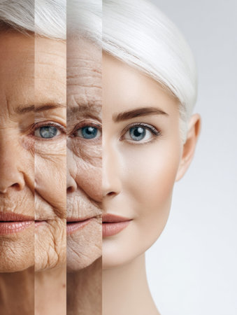 Artistic portrayal of the aging process, focusing on the gradual changes in facial features from youth to elderly, highlighting skin texture and expression.の素材