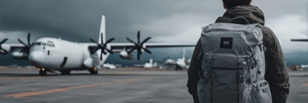 A person stands on the tarmac at an airport, looking toward an aircraft, while clouds linger above, signaling potential weather changes.の素材