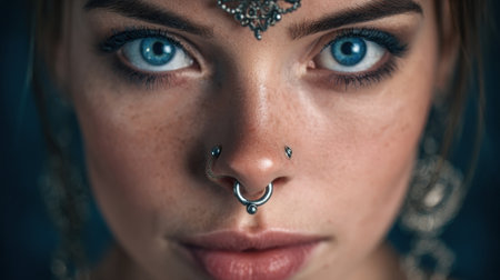 Young woman poses closely, showcasing her captivating blue eyes and unique nose piercings, adorned with elegant jewelry in a moody atmosphere.の素材