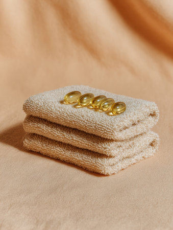 Stacked soft towels display golden capsules, creating a serene and inviting atmosphere perfect for a wellness routine or self-care activity.の素材