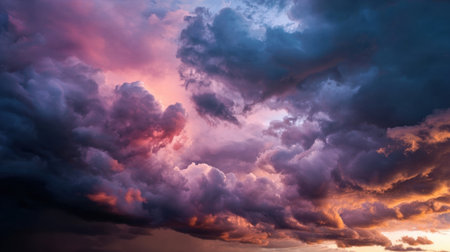 Colorful clouds fill the sky during a stunning sunset, showcasing shades of pink, purple, and blue as daylight fades into night.の素材