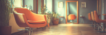 Softly lit salon space highlights an open chair surrounded by a serene atmosphere, perfect for relaxation and beauty treatments, inviting customers to unwind.の素材