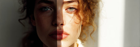 A womans face is divided by light and shadow, beautifully showing her features in a moment of reflection.の素材