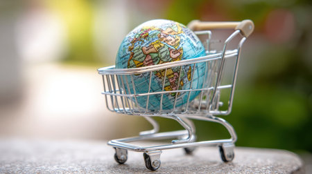 A small shopping cart holds a detailed globe, representing international trade and exploration in a colorful, outdoor environment.の素材