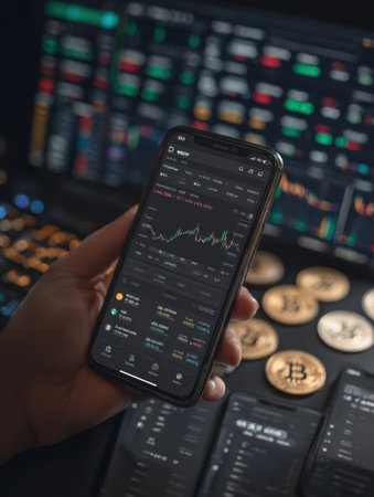 Individual analyzes real-time cryptocurrency data on a smartphone while surrounded by coins, reflecting the growing digital currency market.の素材