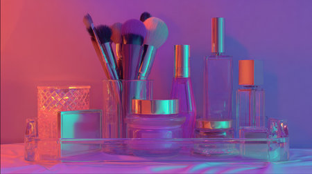 Showcasing a collection of makeup essentials in vibrant neon hues perfect for a night out, featuring brushes, perfumes, and skincare products.の素材