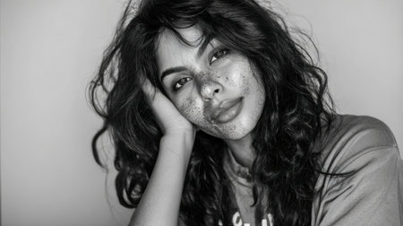 A young woman poses with her hand on her face, highlighting her curly hair and freckles.の素材