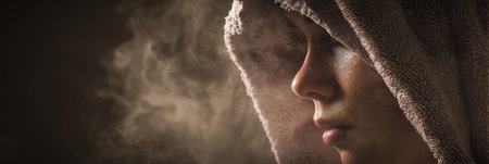 A person enjoys a steam facial treatment, enveloped in moody lighting with a towel over their head. The atmosphere evokes relaxation and calmness.の素材