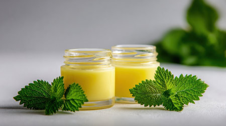 Two small glass jars contain a vibrant yellow mint infused cream, accompanied by fresh mint leaves, arranged elegantly on a smooth white surface.の素材