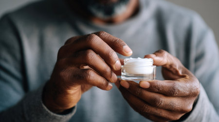 A man holds a small jar of cream, preparing to apply it to his skin as part of his daily skincare routine, enjoying a moment of self-care in a relaxed setting.の素材