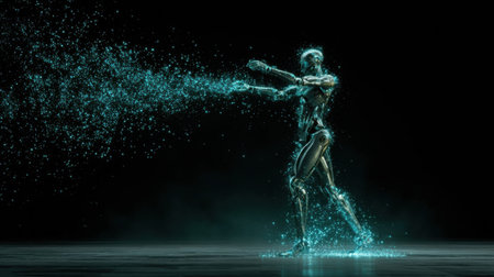 A robotic figure is generating a mesmerizing water-like effect, surrounded by darkness, showcasing advanced technology in motion during a creative exhibition.の素材