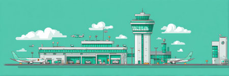 Shows a vibrant airport terminal with a control tower, various airplanes, ground vehicles, and a bright blue sky with clouds, depicting bustling aviation life.の素材