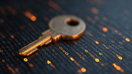 A metallic key rests atop a dark surface illuminated by glowing binary numbers, symbolizing modern cybersecurity and data protection.の素材