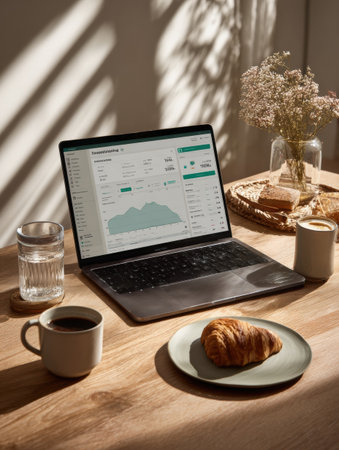 A workspace displaying a laptop with graphs, coffee, a croissant on a plate, a glass of water, and a vase of flowers in natural sunlight.の素材