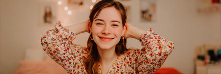 Young woman with a cheerful smile is playfully touching her hair in a cozy, warmly lit bedroom with soft decorations and a relaxed atmosphere.の素材