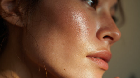 Soft radiant light enhances cheekbone in a simple minimalistic setting, drawing attention to smooth skin and natural beauty, perfect for wellness messages.の素材
