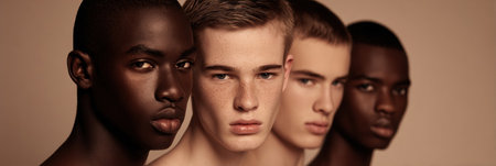 Male models with varying skin tones stand closely together, showcasing a mix of expressions and styles in a creative fashion setting that emphasizes diversity.の素材