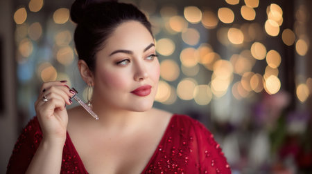 Woman with a confident expression poses with a makeup brush while wearing a stunning red dress, surrounded by warm bokeh lights at a festive gathering.の素材