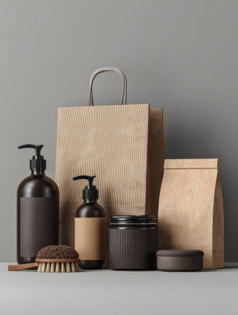 Natural beauty products arranged artistically against a neutral gray background; includes various containers and eco-friendly packaging.の素材
