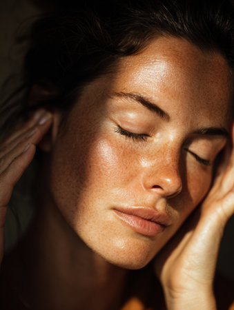 Soft light highlights the womans facial structure as she delicately touches her temple, immersed in a moment of tranquility and reflection.の素材