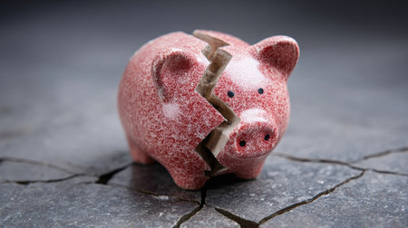 A broken piggy bank lies on a cracked surface, illustrating the impact of financial mismanagement and economic difficulties faced by many individuals.の素材
