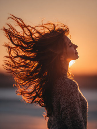A woman with long hair flips her hair joyfully as the sun sets behind her, creating a serene and vibrant atmosphere at the beach during twilight.の素材