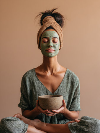 A woman sits peacefully in a calming spa atmosphere, practicing meditation while applying a skin detox mask, embracing relaxation and self-care.の素材