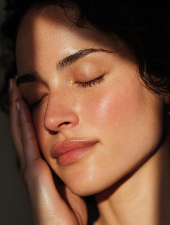 A woman gently touches her temple while enjoying a moment of tranquility, with soft light accentuating her features and creating a peaceful ambianceの素材