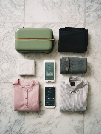 Neatly organized clothes and travel gadgets are arranged around a green suitcase on a marble floor, preparing for a weekend getaway with essentials.の素材