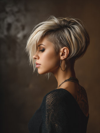 A woman displays a short edgy undercut with highlights, vivid against the urban grunge background, emphasizing fashion and individuality in a creative setting.の素材