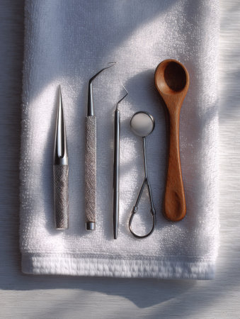 Set of acne extraction tools displayed on a white towel, emphasizing the importance of cleanliness and precision in skincare practices at a studio.の素材