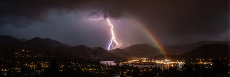 Dramatic lightning illuminates dark storm clouds as a stunning rainbow appears over the mountains and a lakeside town during an intense evening stormの素材