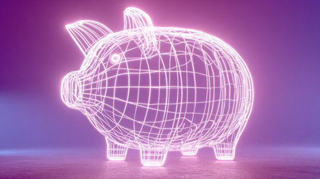 A neon pink wireframe piggy bank stands out against a softly lit blue and purple gradient background.の素材