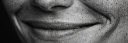 Monochrome close-up captures the texture of skin on a smiling face, showing natural grain and features while keeping the bottom space clear for emphasis.の素材