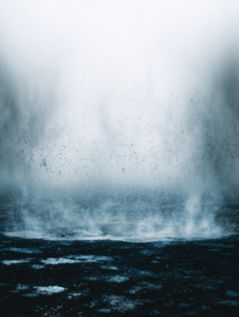 An intense storm brews above a tumultuous ocean, with dark clouds and rain adding to the atmospheric tension during early evening hours.の素材