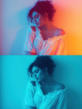 A woman with curly hair poses gracefully, her expression thoughtful, surrounded by soft vibrant colors that create a striking visual contrast.の素材