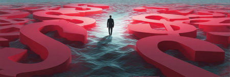 A solitary figure stands in a vast ocean surrounded by enormous dollar signs, contemplating themes of finance and wealth in a dreamlike setting.の素材