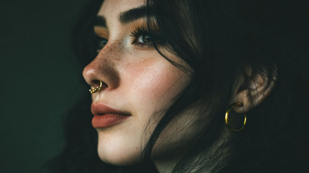 A woman with captivating curly hair and striking makeup poses in profile, highlighting her unique facial jewelry and warm skin tones against a dark background.の素材