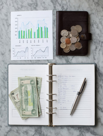 On a marble desk, a notepad with budget details, cash bills, coins, and financial charts are arranged, showcasing tools for effective financial planning.の素材