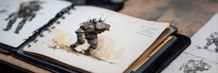 Multiple pages reveal intricate sketches of robots, featuring various designs and annotations, set in a workspace filled with creative tools and materials.の素材