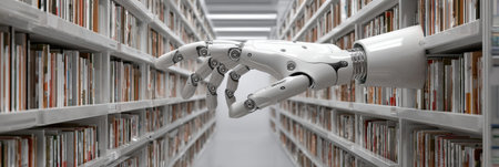 In a modern library, a robotic hand extends toward a shelf filled with books, highlighting the integration of technology and knowledge exploration.の素材