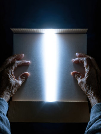 Two hands hold gently a box, revealing a bright light that pierces the darkness, suggesting exploration or discovery at dusk.の素材