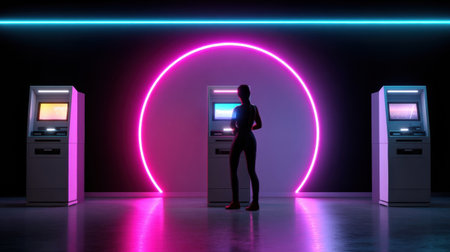 A person uses an ATM surrounded by vibrant neon lights in a contemporary setting at night. Two ATMs stand against a striking backdrop.の素材